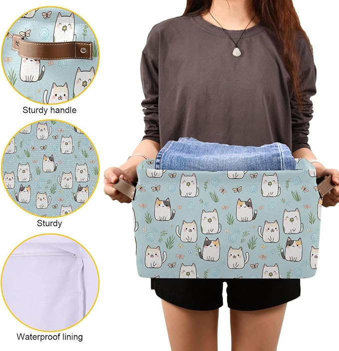 Wamika Cute Cats Storage Basket Fabric Storage Bin Laundry Baskets, Funny Cat Kitty Foldable Storage Boxes Organizer Bag for Baby Cloth Dog Toy Book Storage Cubes Shelf Closet Basket 16×12×8 Inches