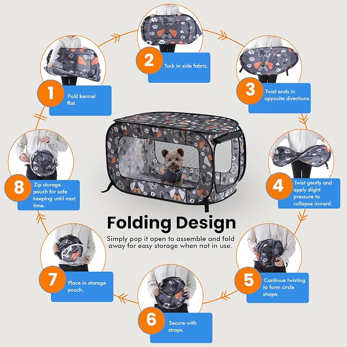 Portable Collapsible Pop Up Kennel, 24" L x 16.6" W x 16" H, Face of Love | Collapsible indoor/outdoor travel cat and dog crate with mesh screen windows pops up and folds flat for easy storage