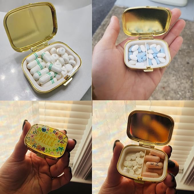 Happy Pills Pill Organizer Cute Metal Pill Case Travel Friendly Portable Compact Pill Box Pill Container to Hold Tylenol/Vitamins/Fish Oil/Supplements/Meds/Tablet for Purse/Pocket