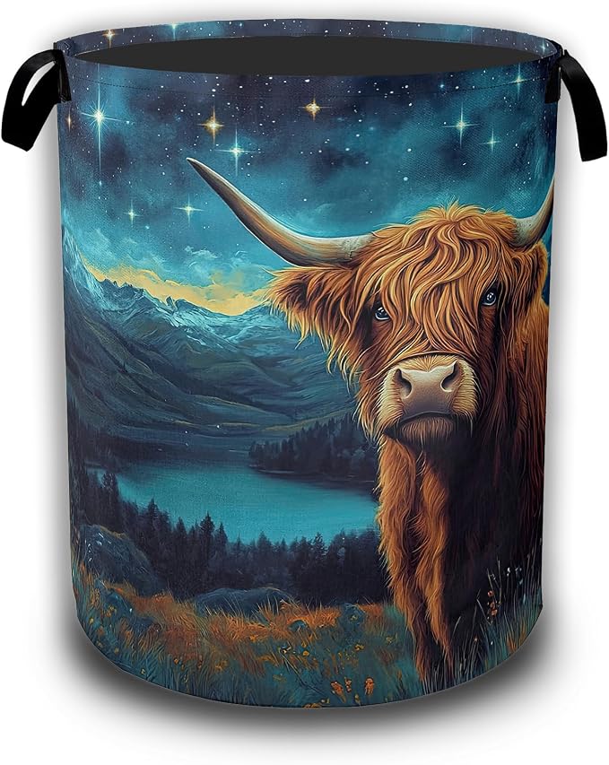 Highland Cow Laundry Baskets,Starry Night Laundry Hamper,Storage Basket with Handles for Bathroom Bedroom College Dormitory Living Room Nursery Organizer 16"x20.8"