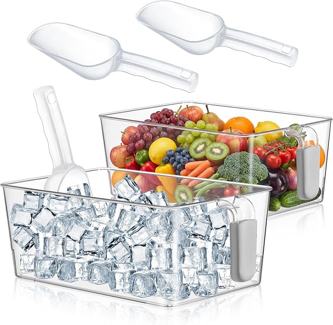 Havawish Ice Storage Bin and Flexible Scoop Set Plastic Freezer Bin | Freezer Ice Bin Scoop, Clear Bucket Container, Pull Handle, Flexible Storage, 10.83 X 7 X 4.33 in