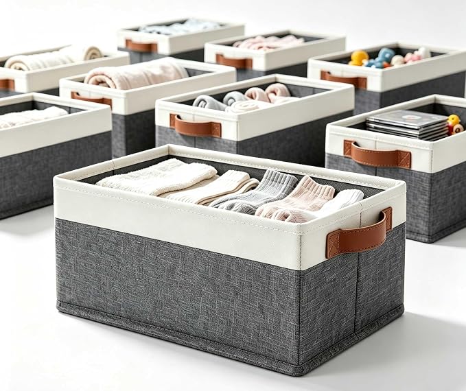 GhvyenntteS Small Fabric Storage Bins with Handles 6 Pack, 11.8" x 7.87" x 5.11" Storage Baskets for Shelves, Baskets for Organizing Clothes Underwear Socks Hats DVDs (Grey/White)