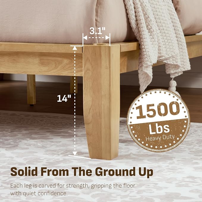 Softa Mikor Queen Japanese Joinery Bed Frame with Headboard, Solid Rubberwood Platform Bed, 1500 Lbs Heavy Duty, SGS Certified, No-Tool Setup, Storage Shelf, USB-A/C Port, No Box Spring Needed