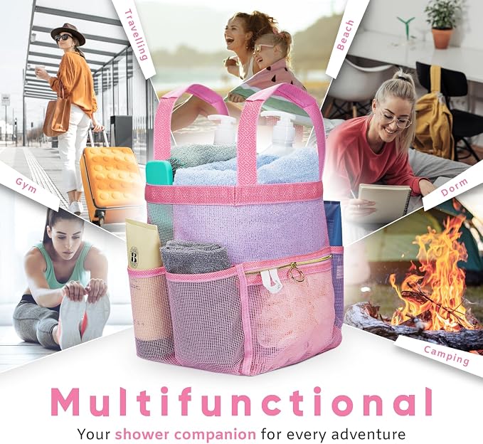 Mesh Shower Caddy Dorm, 7 Pockets & 1 with Zipper, Shower Tote with Padded Handles, Travel Portable, Shower Caddy College Room Essentials, Bathroom Shower Bag (Pink)