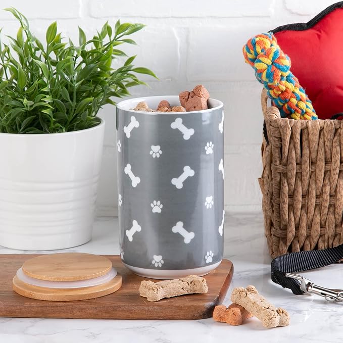 Bone Dry Ceramic Canister with Bamboo Lid, Paw & Bone Collection, Treat Jar, 4x6.5", Gray