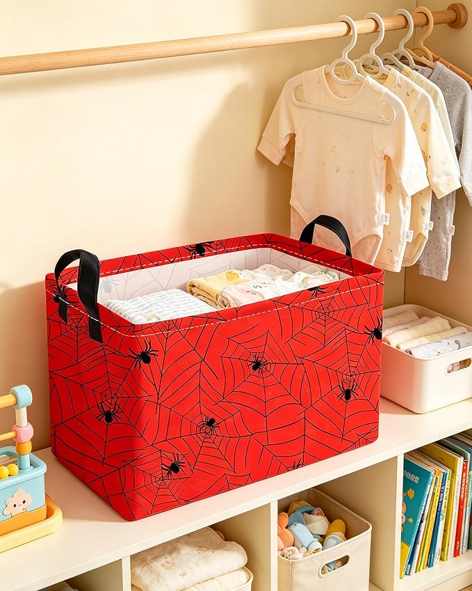 Essme Rectangular Spider Basket,Kids Storage Bins Organizer with Handles for Farm Room Decor, Gift Basket,Shelf Basket.(Red Spider)
