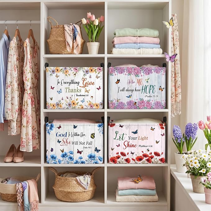 4 Pcs Christian Floral Storage Basket for Gifts Large Bible Verse Butterfly Floral Storage Bins with Handles 15 x 10 x 8 Fabric Inspirational Collapsible Organizer Boxes for Home Clothes Toys