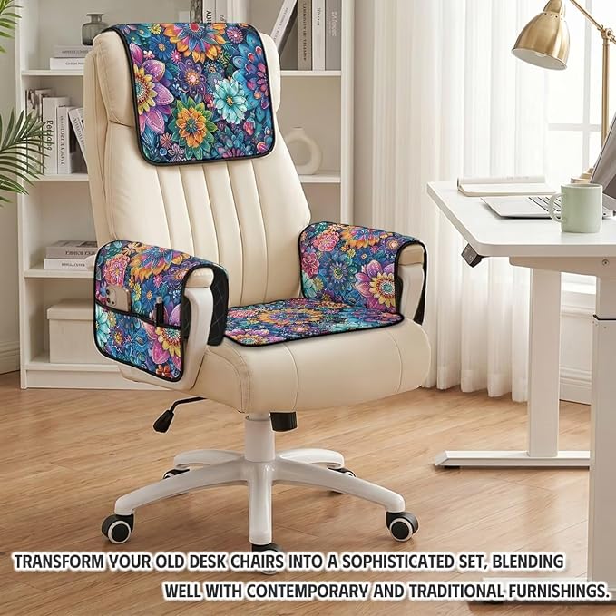 4-Piece Mandala Floral Recliner Slipcovers with Arms Non Slip | Quilted Recliner Furniture Protectors Side Pockets Armchair Slipcovers Soft Reclining Chair Cover,Machine Washable