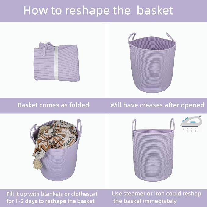 XUANGUO Rope Laundry Basket Hamper for Clothes Large Purple Lavender | Baby Nursery Hamper Bin and Woven Storage Basket for Living Room Bedroom Boho Tall Rope Baskets Blankets Toys Pillows Towels