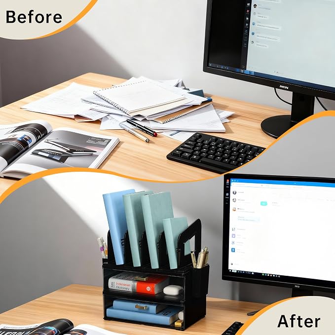 CiWiVOKi Desk Organizer with 4 File Slots and 2 Drawers, Black | File organizer with dual pen holders and storage compartments for mail, documents and office supplies