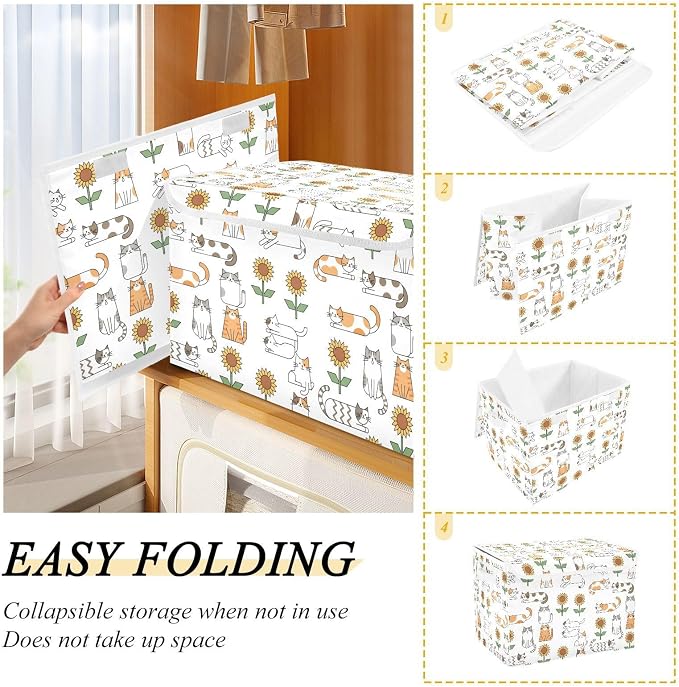 Cat Sunflower Fabric Storage Bins with Lid Foldable Storage Boxes Baskets | Decorative Storage Boxes, Dust-Proof Flip Top, Reinforced Handles, For Home & Bedroom, Clothes & Toy Box, Oxford Fabric Print