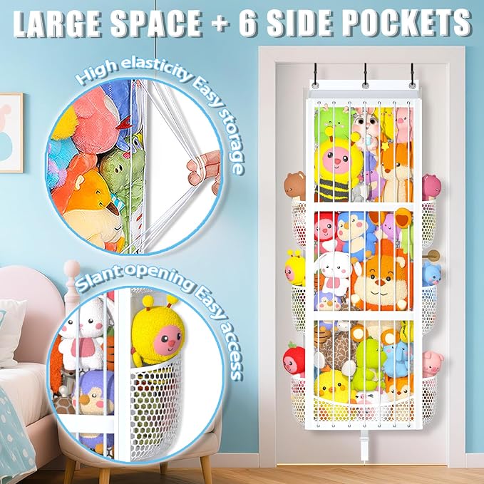 Large Capacity Over the Door Stuffed Animal Storage – Patent Elastic Rope Design Easy Store Plush Toy Stuff Animal Organizer Suitable for Kids Room Toy Holder Bedroom Hanging Stuffie Storage