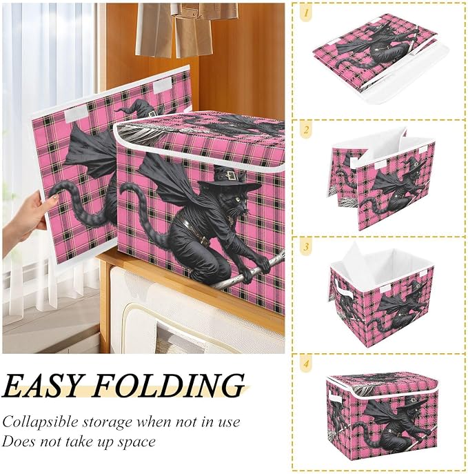 Fabric Storage Bins with Lid Black Cat Closet Storage Basket 40L | Decorative Storage Boxes, Foldable & Stackable, Dust-Proof Flip Top, Reinforced Handles, For Home & Dorm, Clothes & Toy Box