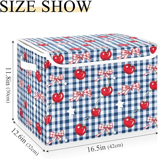Cherry Gingham Fabric Storage Bins with Lid Foldable Storage Boxes Baskets | Decorative Storage Boxes, Foldable & Stackable, Dust-Proof Flip Top, Reinforced Handles, For Home & Dorm, Clothes & Toy Box