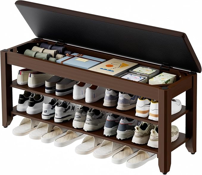 Homleke 39.4" Wide Solid Wood Shoe Rack Bench with Flip-Top Storage | 2-Tier Entryway Bench with Cushion, Adjustable Shelf, Holds Up to 10 Pairs, for Hallway, Bedroom and Closet, Walnut