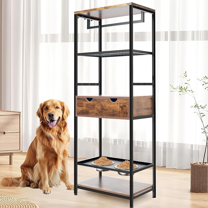 Dog Feeding Station with Adjustable Raised Bowls, Pet Feeder Rack, Drawer Shelves Hooks Organizer, Stainless Steel Dishes for Canine Food Water, Indoor Furniture Style Dining Storage Stand