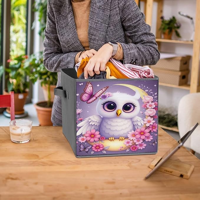 Purple Owl Flower Moon Butterfly Foldable Storage Bins, 10.6" Cube Storage Organizer, Sturdy Oxford Cloth Fabric Baskets for Closet, Shelf, Nursery, Bedroom, Decorative Printed Box for Toys & Clothes