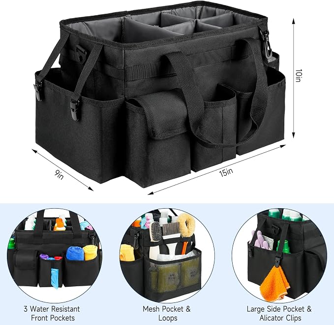 Cleaning Caddy Bag,Large Cleaning Supplies Organizer with Handle for Housekeepers, Black