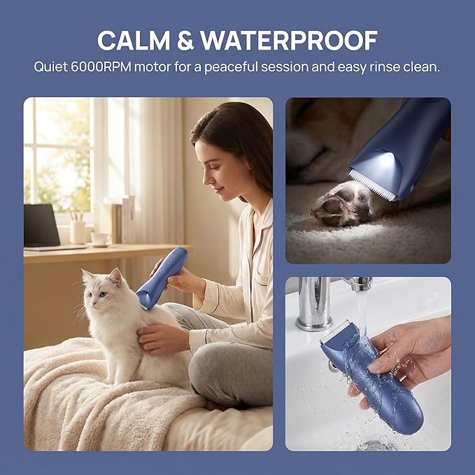 Dog Clippers with LED Light - Quiet Pet Grooming Kit for Paws, Eyes, Ears, Face, Rump - Waterproof Cordless Cat Hair Trimmer for Small Medium Dogs & Animals