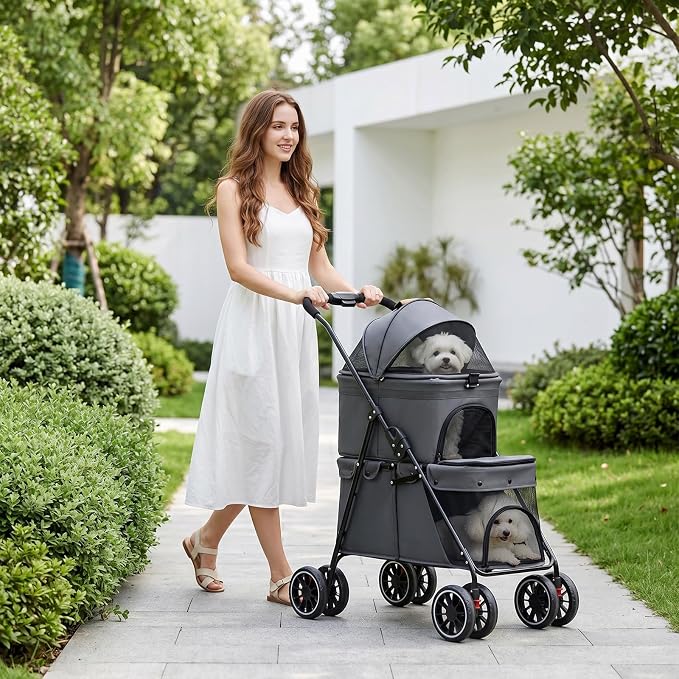 YYW Double Pet Stroller Foldable 2 Carriages Lockable Wheels Black | Travel Strolling Cart, Top Detachable Carrier, Ideal for Multi-Pet Families, Small Dogs & Cats, Outdoor Walks & Vet Visit