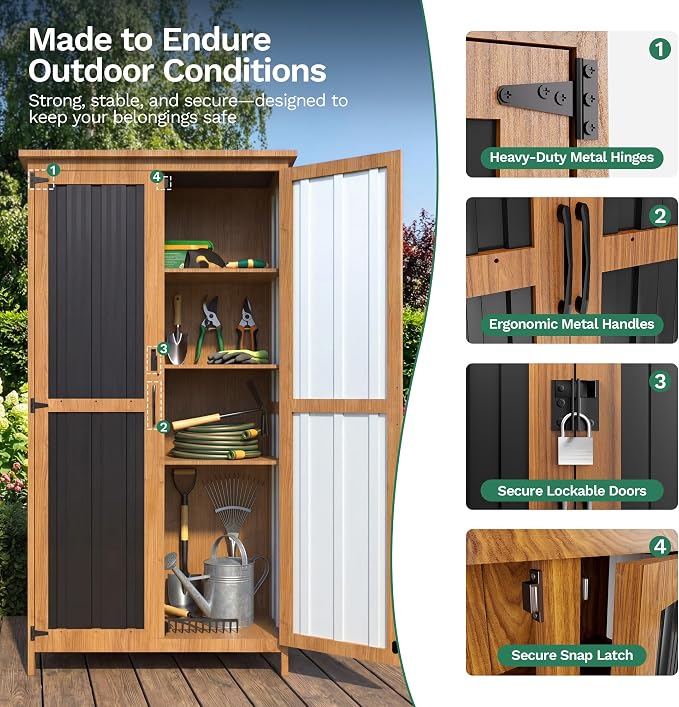 Devoko Metal & Wood Weatherproof Garden Storage Tall Shed with 3 Adjustable Shelves, Lockable Outdoor Patio Cabinet, Waterproof Yard Organizer for Lawn Gear and Garden Tools, Black