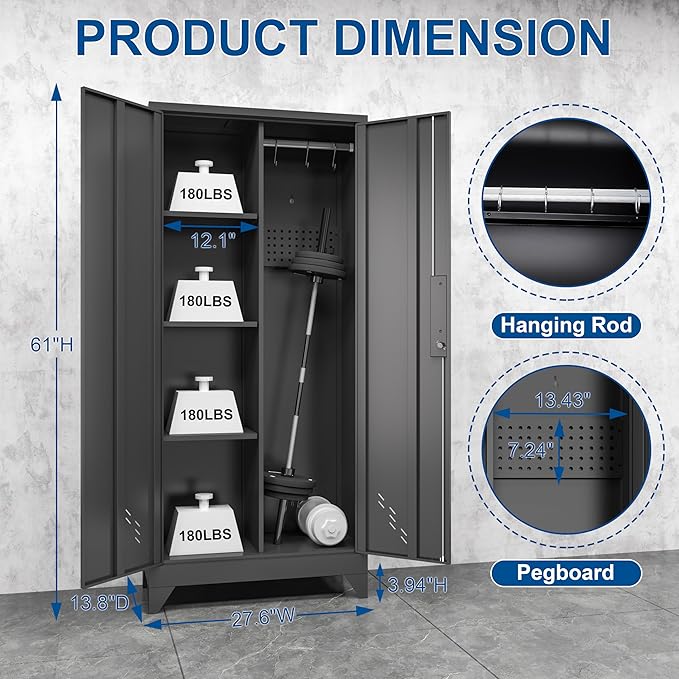 Metal Garage Storage Cabinets with Lock, Cabinet with Pegboard & Hanging Rod, Broom Closet Storage Cabinets, Black Lockable Steel Tool Cabinet for Home,Garage,Utility Room