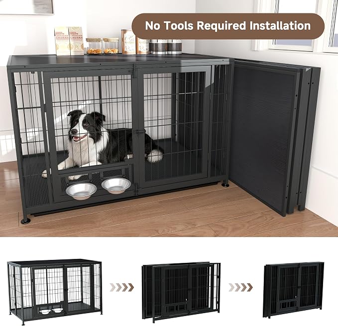 43.3" Heavy Duty Large Dog Crate with Wheels & Feeding Bowls, 3 in 1 Foldable Extra Large Dog Kennel & Playpen, Indestructible Escape-Proof Metal for Large Dogs, Indoor Outdoor, Black