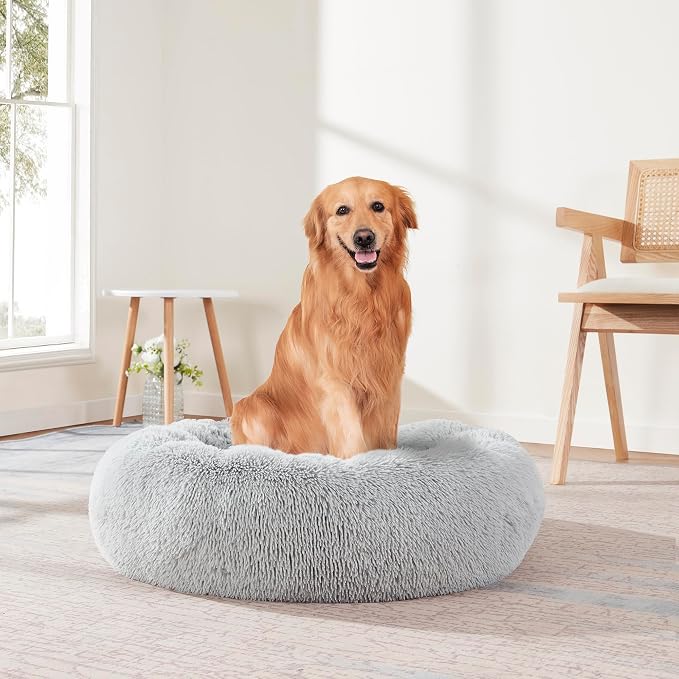 Dog & Cat Bed: Round Faux Fur Pet Bed - Plush, Cozy, & Calming Donut Bed for Large Pets - Soft & Comfortable Sleeping Cushion for Napping & Lounging, 30" Round, Silver