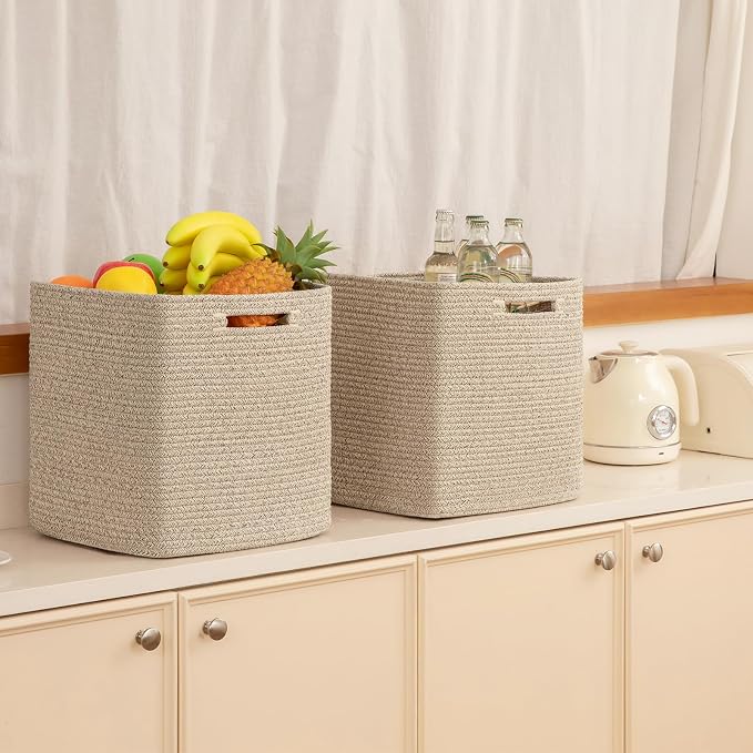 OIAHOMY 2 PACK Cube Storage Bin 13 Inch Collapsible Storage Cube Brown | Cube Storage Organizer Storage Bins for Shelves Baskets for Organizing Woven Rope Storage Baskets