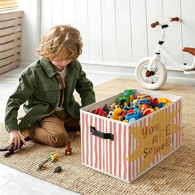Kids Nursery Foldable Storage Bins Box with Handles, Kids Bedroom Decor, You Are So Loved Pink Striped Decorative Storage Boxes Baskets Toybox Organizer for Nursery Room Classroom