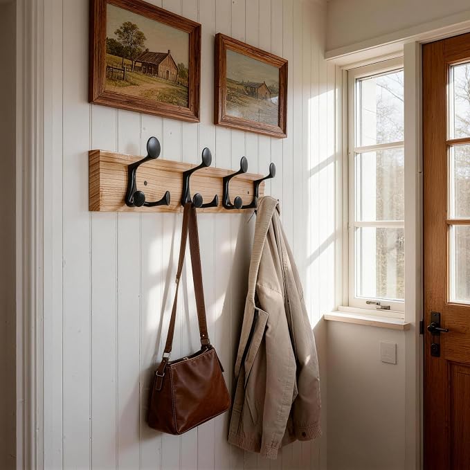 SKOLOO 24-Inch Wood Coat Rack Wall Mount with 4 Triple Hooks - Ideal for Family Entrances, Classrooms, and Pet Supplies Storage - Perfect Coat Hooks for Wall, Black on Natural