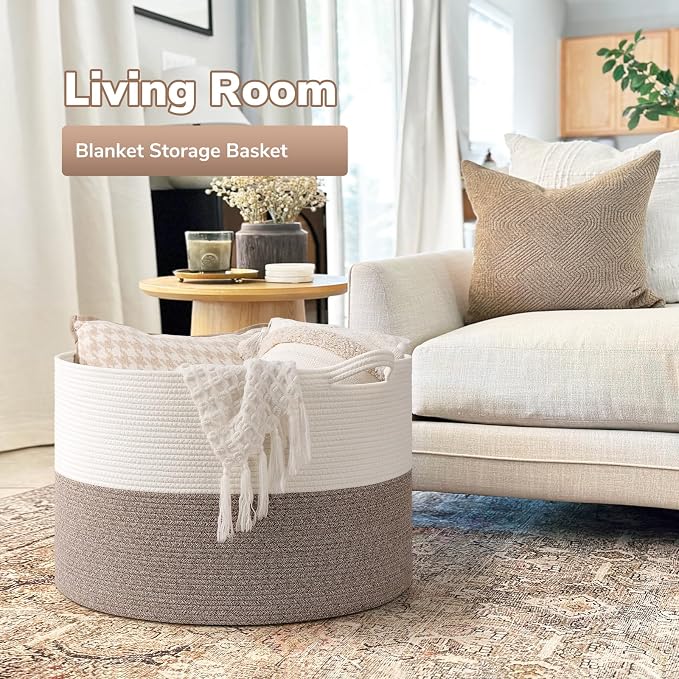 Goodpick Extra Large Woven Blanket Basket Living Room & Playroom, 115L | 23.5 x 23.5 x 15.8 In Storage Basket for Toys Shoes, Cute Baby Laundry Hamper for Towels, Clothes, Mele
