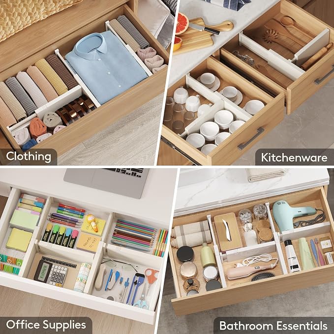 Lifewit 4" High Upgrade Drawer Divider, Adjustable Drawer Organizer Clothes | 6 Pack 11"-17" Expandable Beige Plastic Drawer Separator for Dresser, Kitchen, Closet, Nursery, Office Organization & Storage