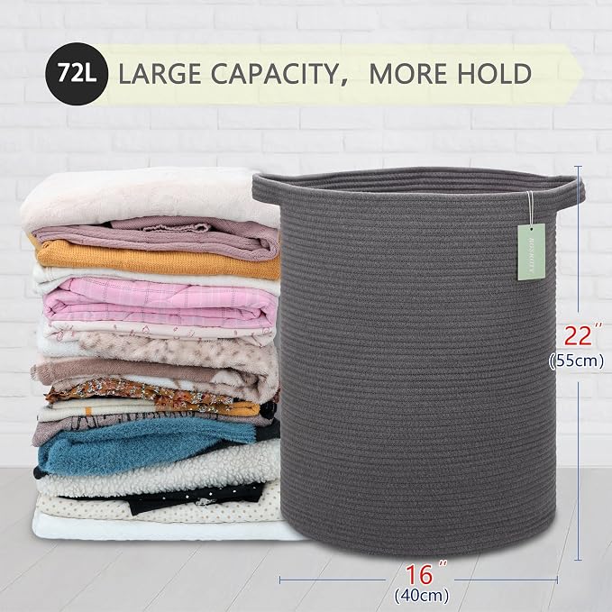 Cotton Rope Blanket Basket, 72L Tall Laundry Hamper, Dark Gray