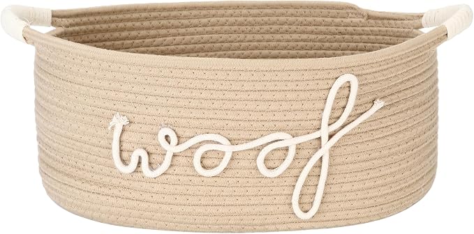 Sea Team Dog Toy Storage Basket with Handles, Beige Woof | Large Cotton Rope Storage Bin, Shelf Basket, Organizer for Pet Chew Toys, Foods, 16.5 x 11 x 7 Inches, 4.4 Gallons