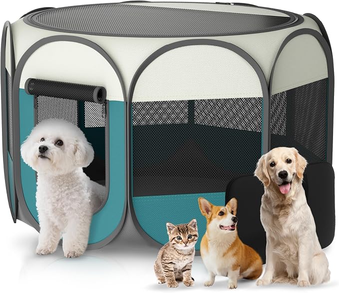Portable Pet Playpen for Cat Dog: Foldable Cat Playpen Enclosed Pet 10lbs | Small Puppy Kitten Pop Up Collapsible Tent Crates Kennel Carry Bag 600D Oxford Waterproof Base Indoor Outdoor Travel Camping