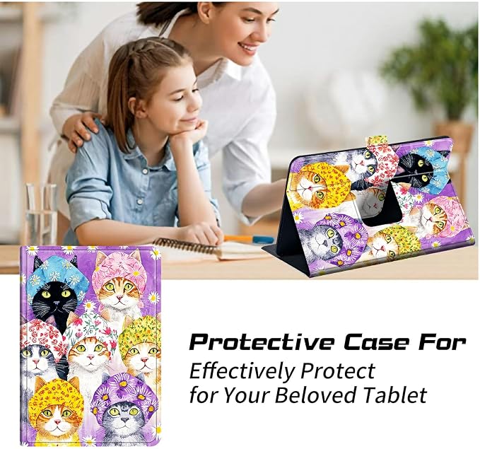Universal Tablet Case for T-Mobile Revvl Tab 2 10.1" Model:9185W 2025/Revvl Tab 5G 10.36" 2023, 360 Degree Rotating Kickstand Protective Stand Leather Shell Cover for 9"-10.5", Purple Cat