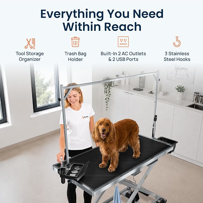 60" Professional Electric Dog Grooming Table, 304 Steel, Heavy Duty | Adjustable Table for Pet Grooming, 10-40in Quiet Lift, Grooming Arm, AC/USB Power Hub, Anti-Slip Surface, Leveling Wheels