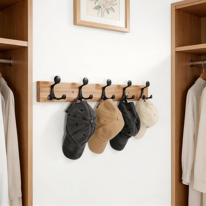 SKOLOO 30-Inch Wood Coat Rack Wall Mount with 5 Triple Hooks - Ideal for Family Entrances, Classrooms, and Pet Supplies Storage - Perfect Coat Hooks for Wall, Black on Natural