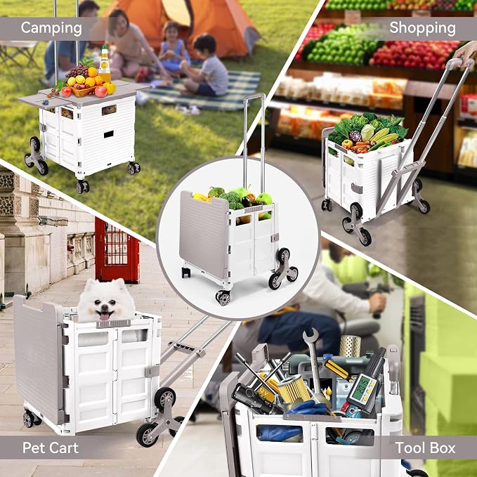 Foldable Utility Cart Portable Crate Rolling Dolly with Telescopic Handle,Can be Pulled diagonally, Magnetic Retractable Lid, 360°Swivel Climbing Wheels for Shopping Carrying Groceries Move White