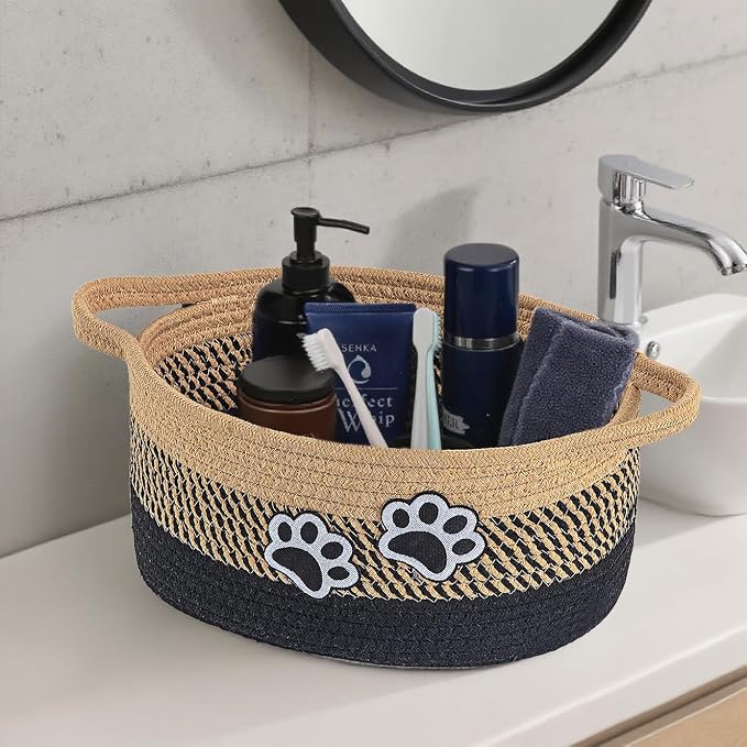 Small Woven Cotton Rope Nursery Organizer Bins, Dog Toy Basket Bins with Handle, Cute Empty Pet Gift Storage Baskets with Paw