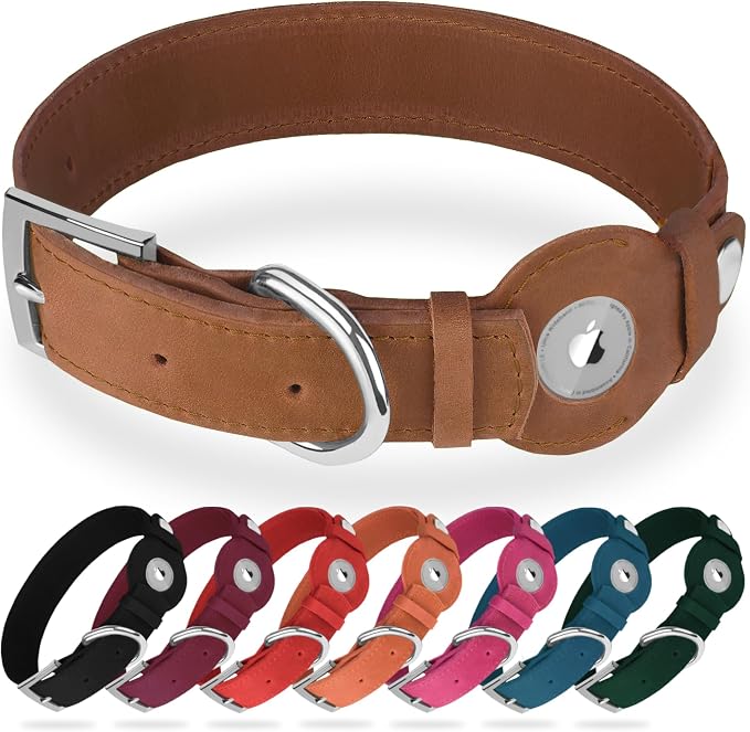 Leather Dog Collar with Airtag Holder - Apple Air Tag Dog Collars - Soft Tracking GPS Pet Collar for Small Medium Large Dogs Breed Puppy (Brown, XL, 19"-24" Neck Fit)