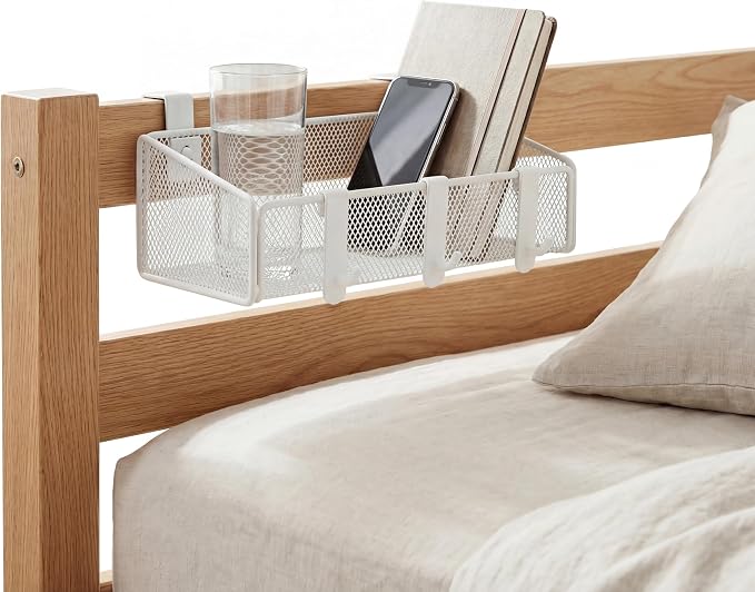 Bedside Shelf for Bed & Bunk Bed Storage Basket Office Cubical Wall Hanging Organizer - 5 Different Size Hooks - College Dorm Home Office Essentials for Phone,Book,Drink,Tissue (White)