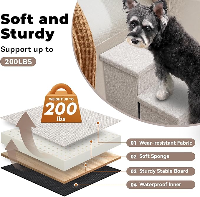 Zerbuger Dog Stairs with Storage, Beige 3 Steps Dog Ramp no Condo for Bed | 18" H Wider Dog Steps for High Beds Couch, Folding Storage Pet Stairs Gift for Climbing Small/Medium/Large Old Dogs Cats