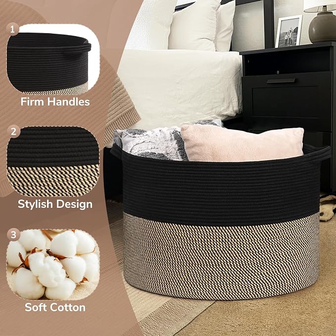 Goodpick 115L Extra Large Storage Basket for Blankets Toys for Nusery Room | 23.5 x 23.5 x 15.8 In Woven Basket for Storage, Kids Toy Storage for Playroom, Laundry Basket for Towels, Black & Mix Jute