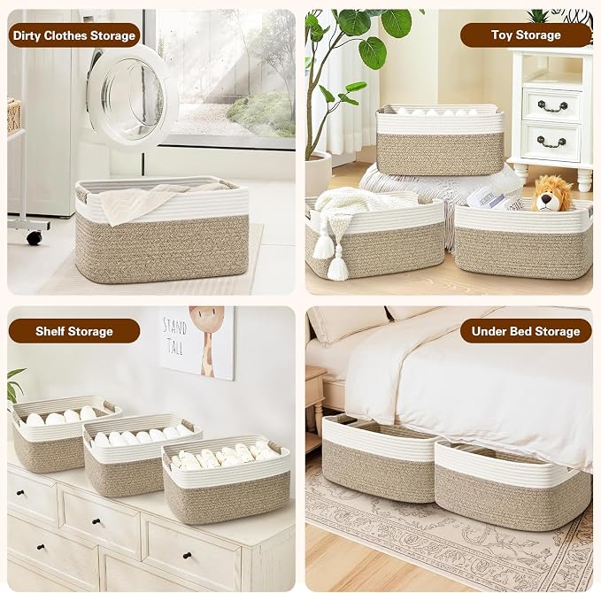 3 Pack Large Storage Basket for Organizing, 17.5"x13"x7" Woven Basket for Shelves, Closet Cube Storage Bins with Wrapped Handle, Cotton Rope Baskets for Kitchen, Clothes, Toys(Off White & Brown)