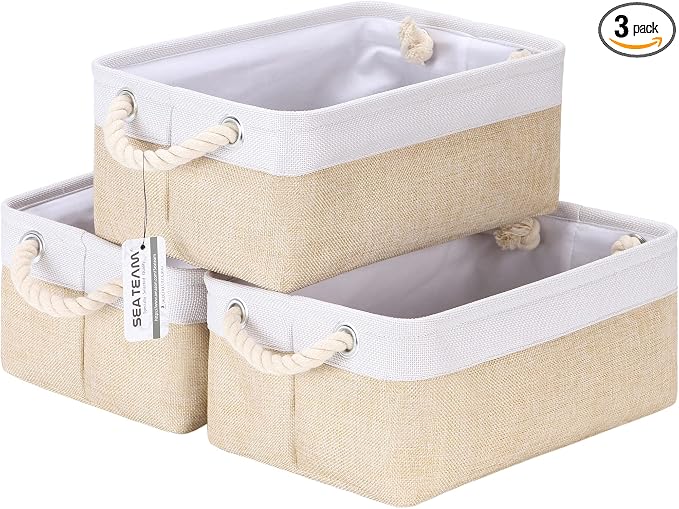 Sea Team Compact Rectangle Canvas Open-Top Storage Baskets, 3-Pack | Collapsible Fabric Storage Bins with Handles, Closet Shelf Organizers, 12 x 8 x 5 Inches, Beige & White