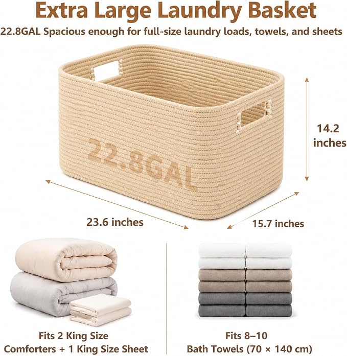 22.8GAL Xl Extra Large Laundry Basket for Bathroom, Dorm dirty Clothes, Sturdy Portable Aesthetic Boho Cute Woven Storage Shoes Blanket Baskets for Living Room Decor Girls Boys Pets Toys Oatmeal