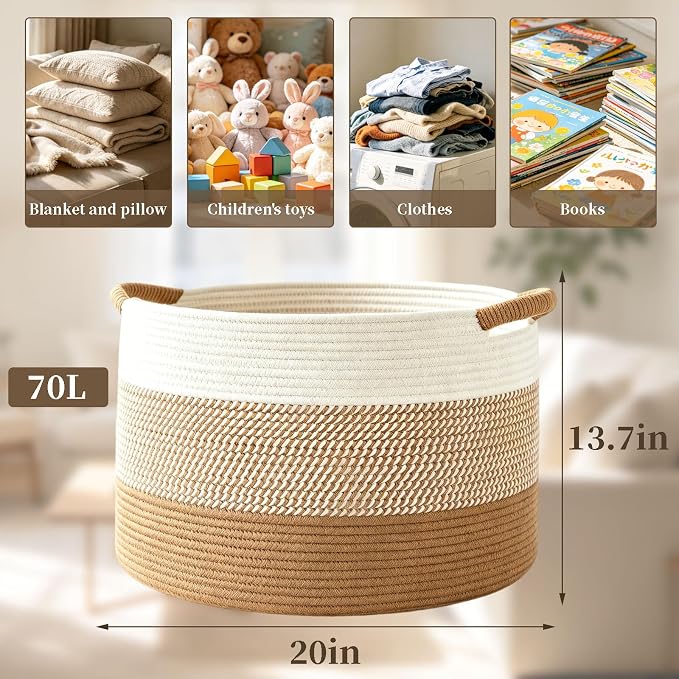 Large Cotton Rope Storage Basket, 70L Collapsible Woven Storage Bin Woven Blanket Basket with Handles Decorative Storage Bin for Living Room Bed Room Toys Laundry