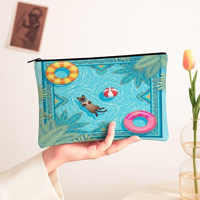 Siamese Cats Makeup Bag, Cute Pool Lifebuoys Tropical Cosmetic Travel Pouch for Women Girls, Portable Small Canvas Zipper Organizer, Pet Toiletry Bag 7x9 Inch